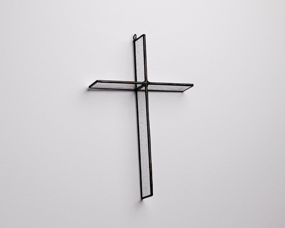 Handmade stained glass cross suncatcher by Greyhouse Glass in North Carolina