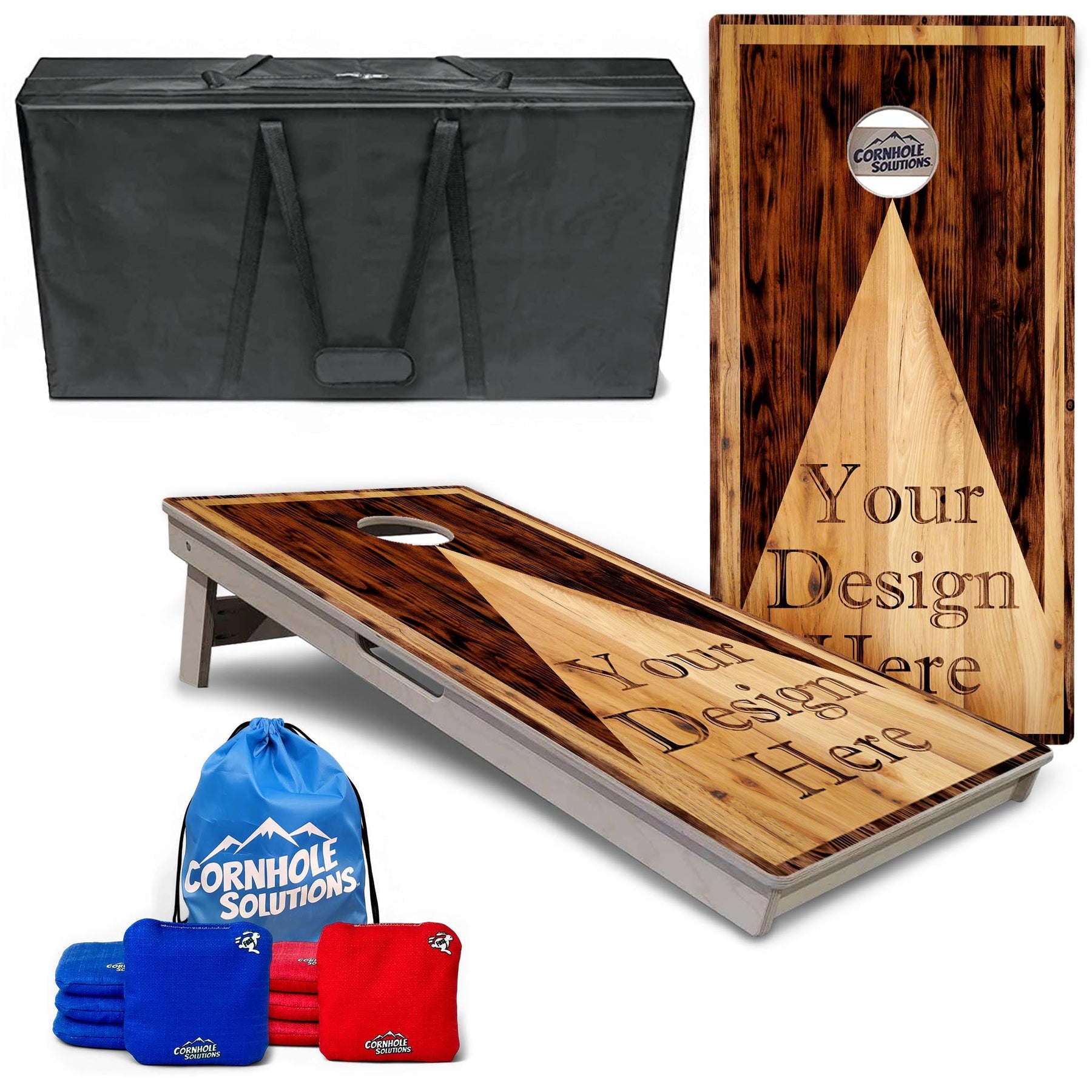 Complete Tournament Cornhole Bundle - Boards, Bags & Carrying Case - Custom Wood Triangle Logo