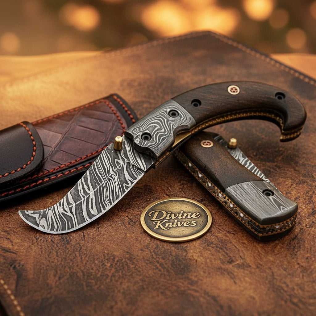Rosewood Damascus Scimitar Folder by Divine Knives