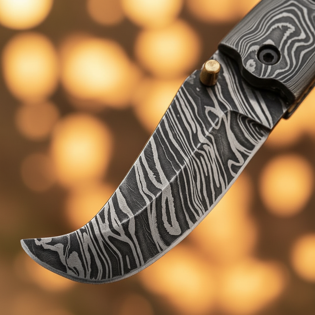 Rosewood Damascus Scimitar Folder by Divine Knives — detail view 2