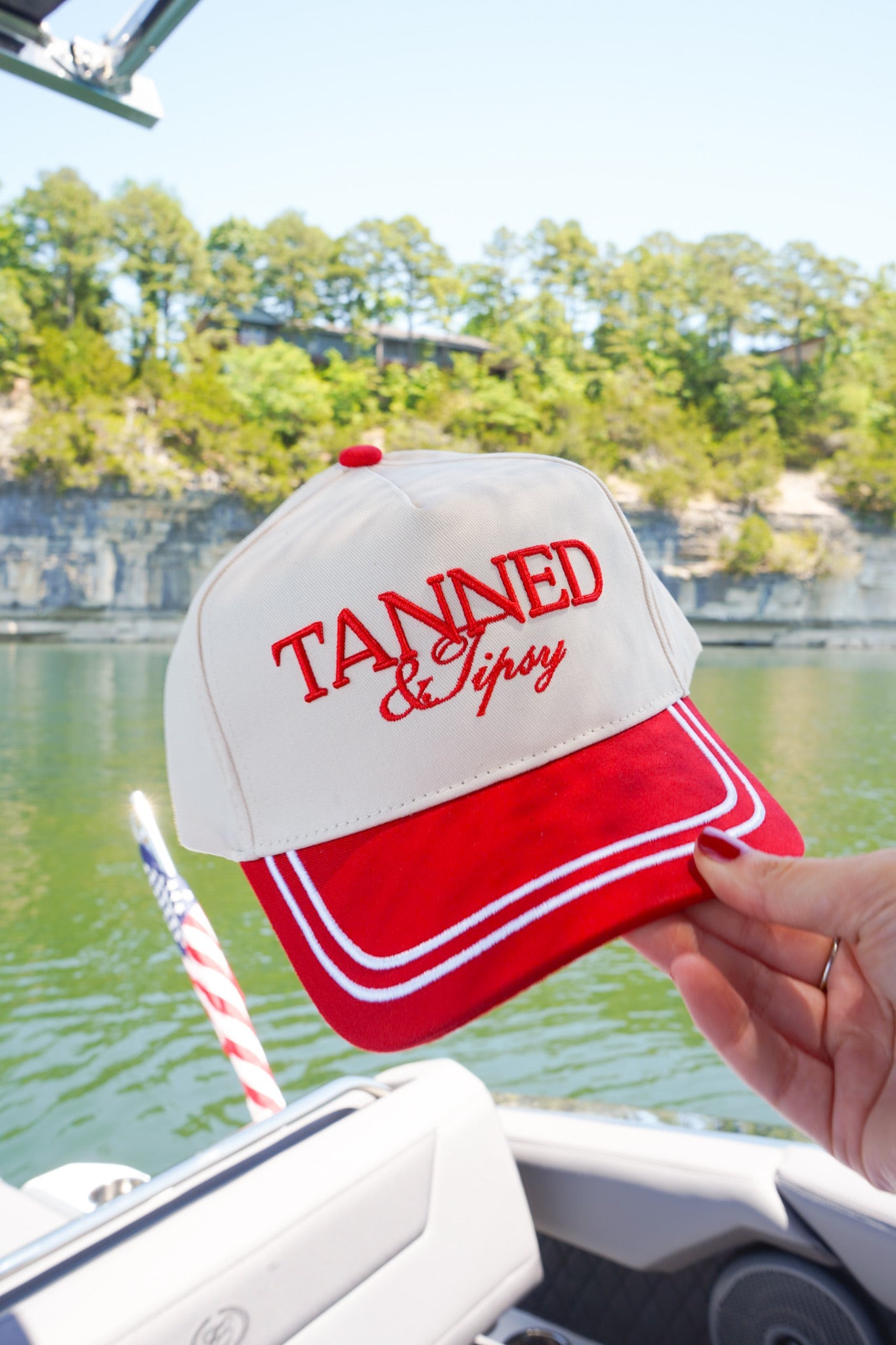 Tanned & Tipsy - Red Vintage Trucker Hat by KenzKustomz, Southern lifestyle apparel main product photo