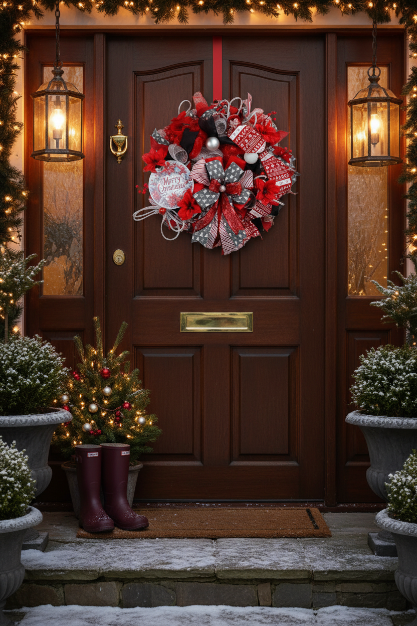 Merry Christmas Wreath | Traditional Christmas Front Door Wreath | Red Silver Farmhouse Holiday Decor | Handmade Christmas Door Hanger