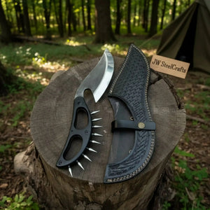 Handmade Persian-Inspired Hawkbill Knife with Black Micarta Handle Carbon Steel Blade by JW SteelCrafts, Damascus knife detail photo 4