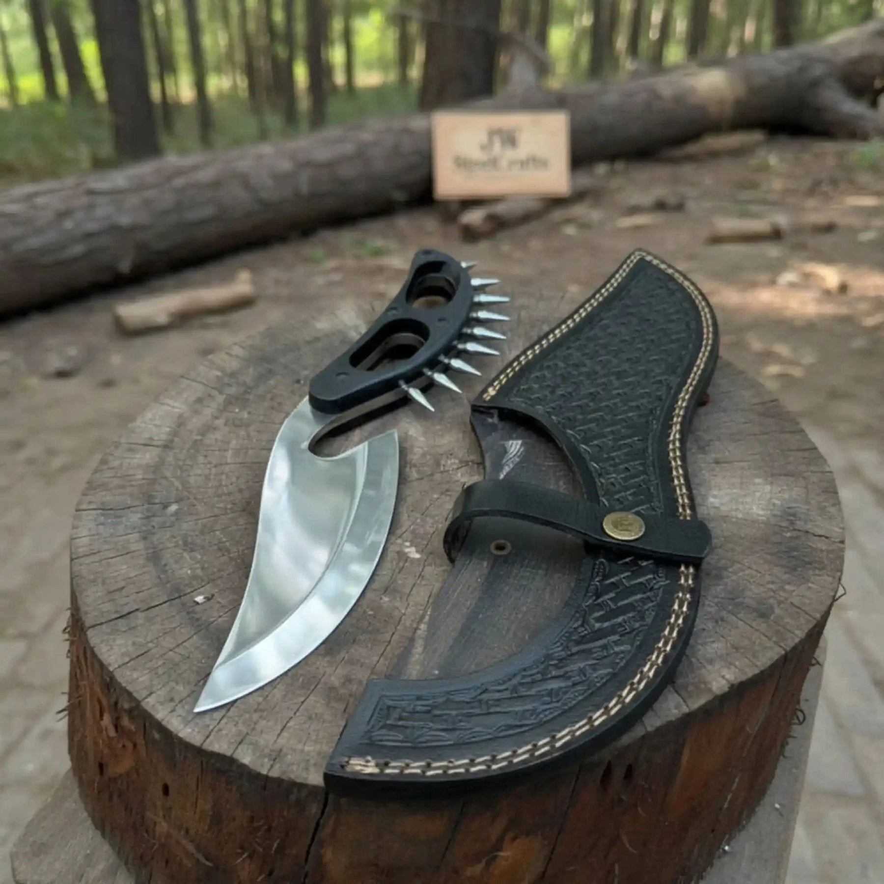 Handmade Persian-Inspired Hawkbill Knife with Black Micarta Handle Carbon Steel Blade by JW SteelCrafts, Damascus knife detail photo 5