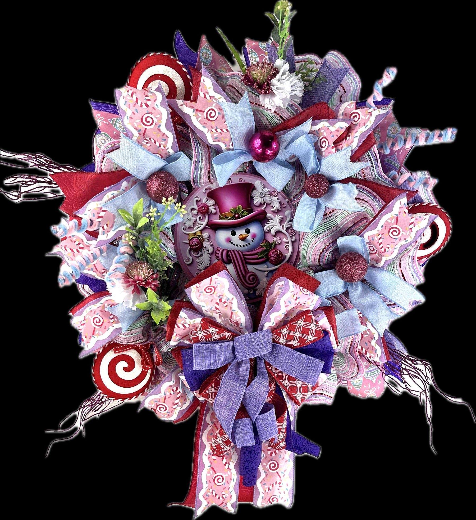 Pink Snowman Christmas Wreath | Blue & Pink Door Decor by Bouge Creations, view 2