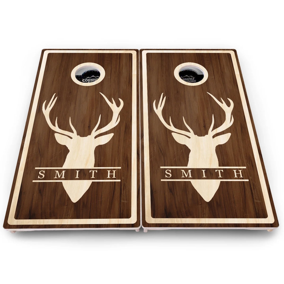 Personalized Buck Woodgrain Cornhole Boards – Pro Lite or Pro Elite