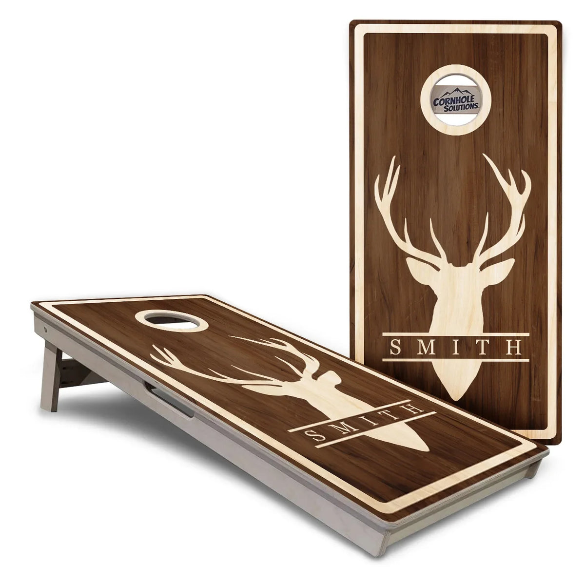 Personalized Buck Woodgrain Cornhole Boards – Tournament Series