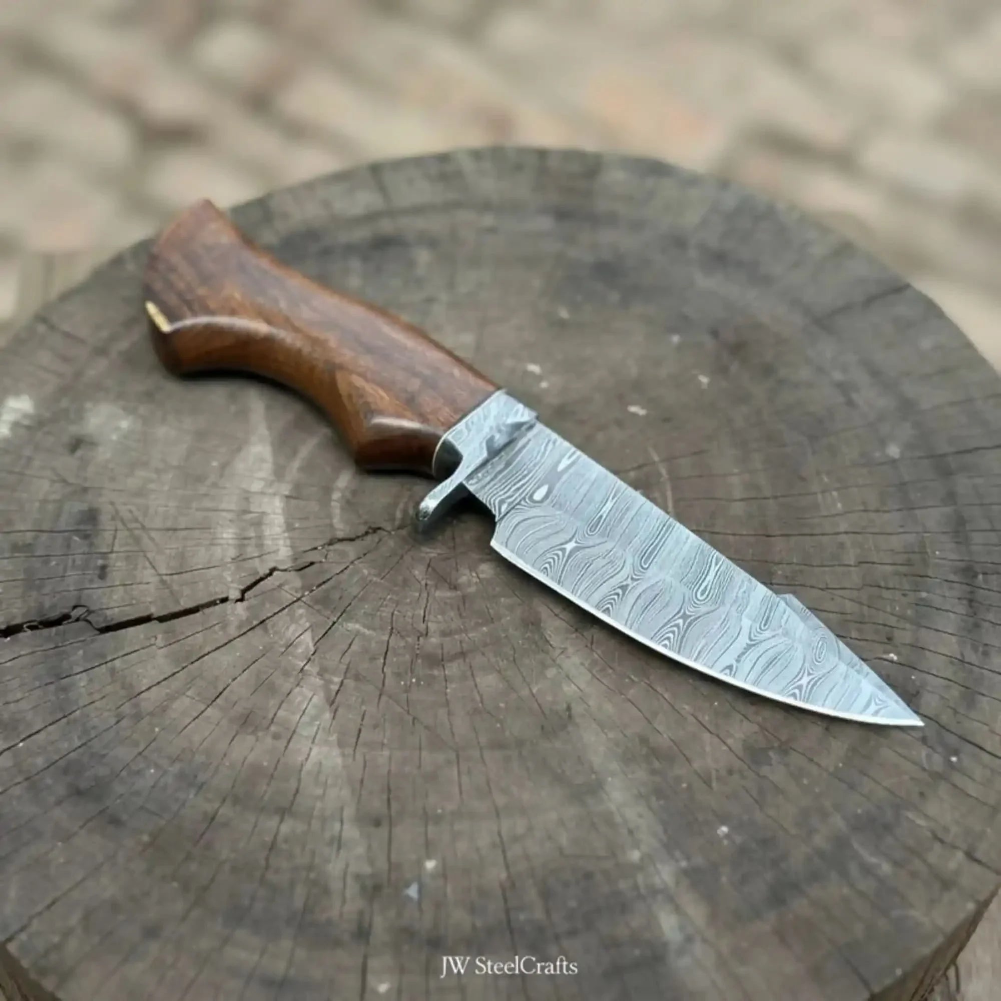 Handmade Damascus Drop Point Hunting Knife with Rose Wood Handle by JW SteelCrafts, Damascus knife main product photo