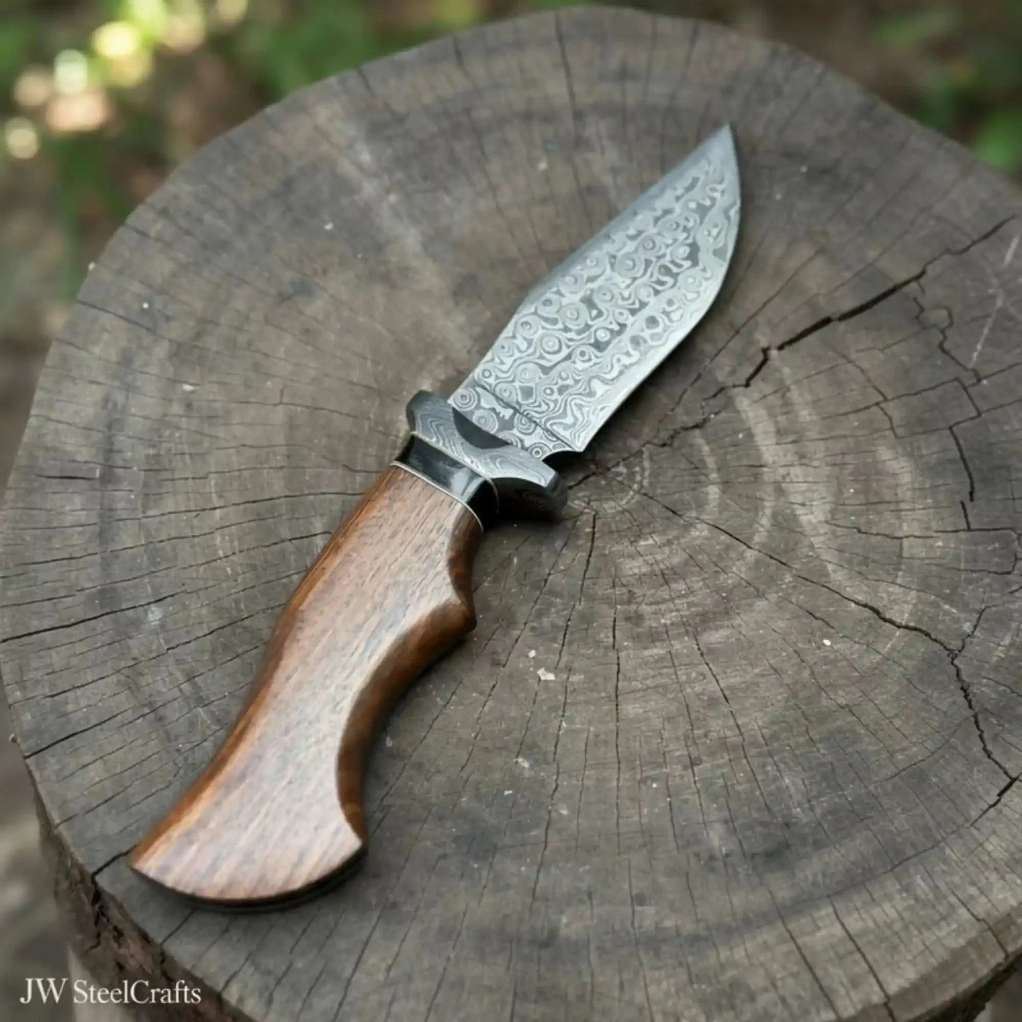 Handmade Damascus Drop Point Hunting Knife with Rose Wood Handle by JW SteelCrafts, Damascus knife detail photo 2