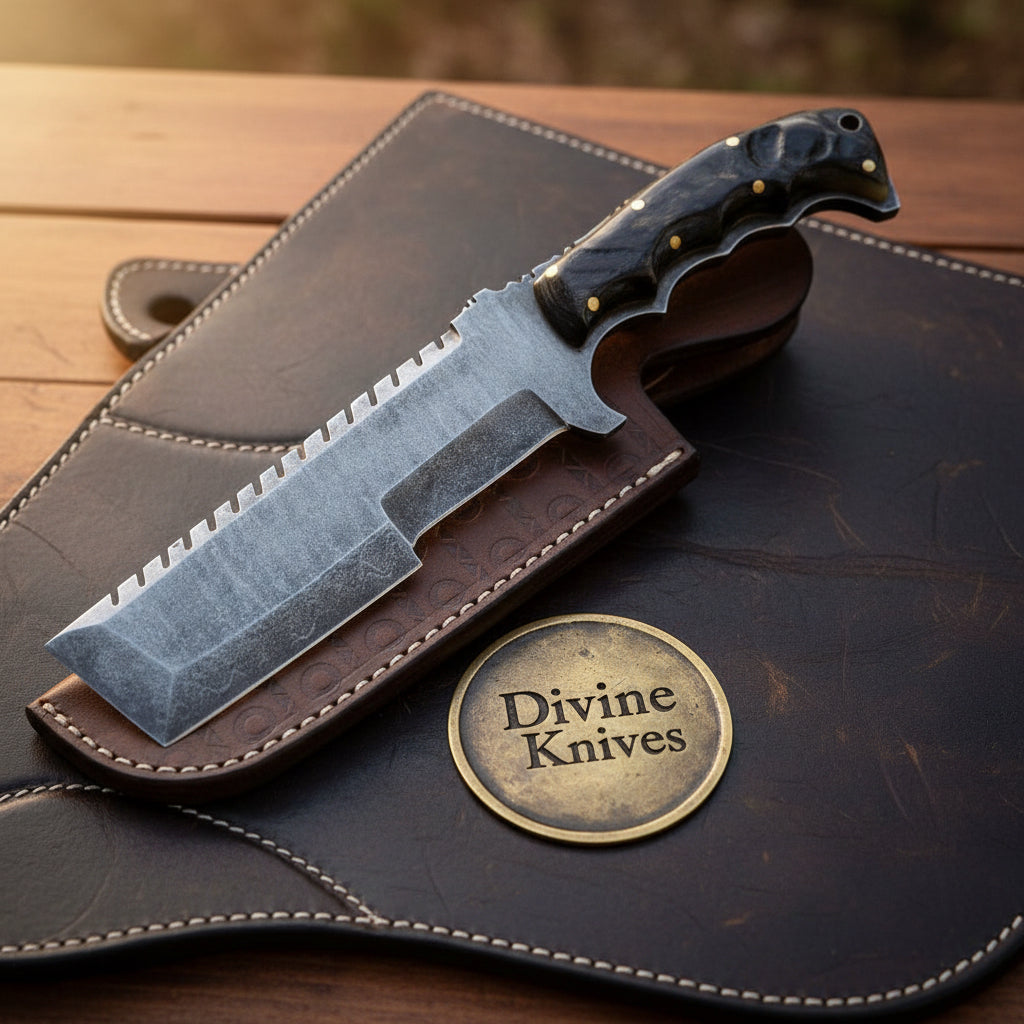 Tracker Cleaver Knife with Sawback Spine, Squared Tip Blade and Contoured Horn Handle by Divine Knives — product view 2