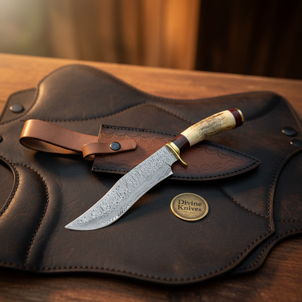 Trailing Point Hunter Knife with Stag Horn Handle and Hand Forged Patterned Blade by Divine Knives — product view 1