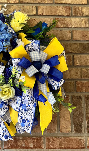 Blue & Yellow Welcome Wreath | Gingham Front Door Decor by Bouge Creations, view 2