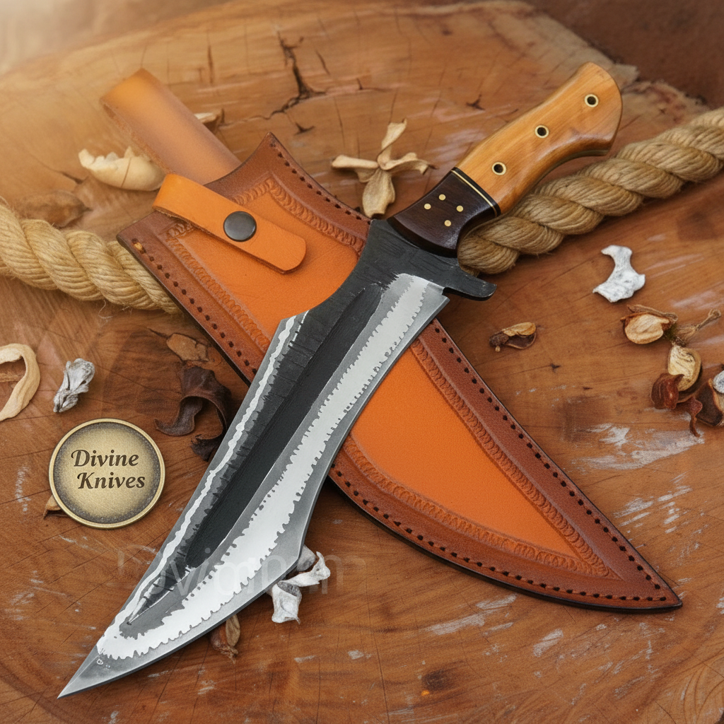 San Mai Clip Point Tracker Bowie with Layered Steel Meets Bushcraft Design by Divine Knives — product view 1