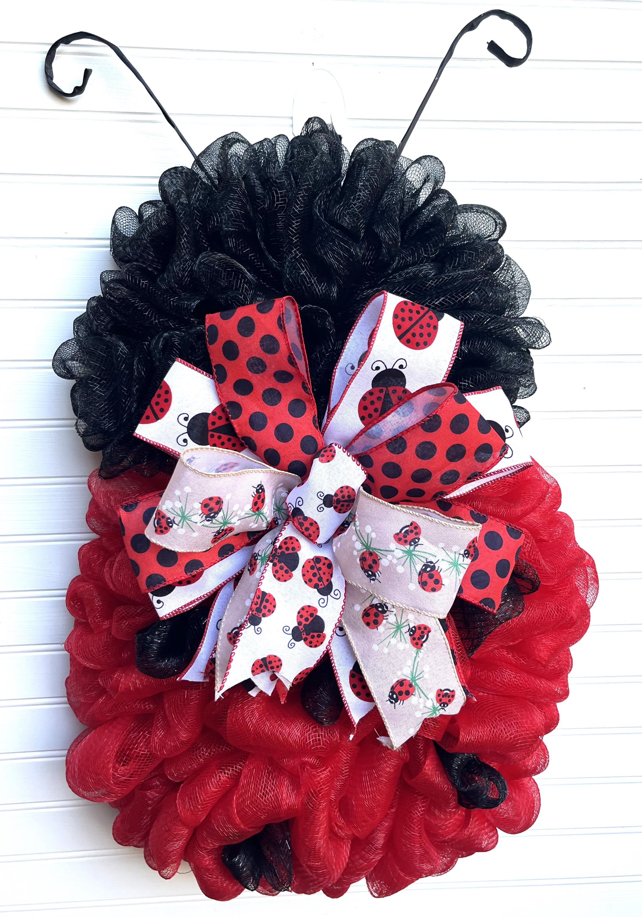 Ladybug Mesh Door Decor | Red & Black Porch Accent handmade by Bouge Creations