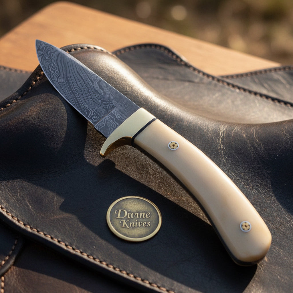 White Bone Handle Hunting Knife with Brass Bolster and Hand Forged Drop Point Blade by Divine Knives — product view 1