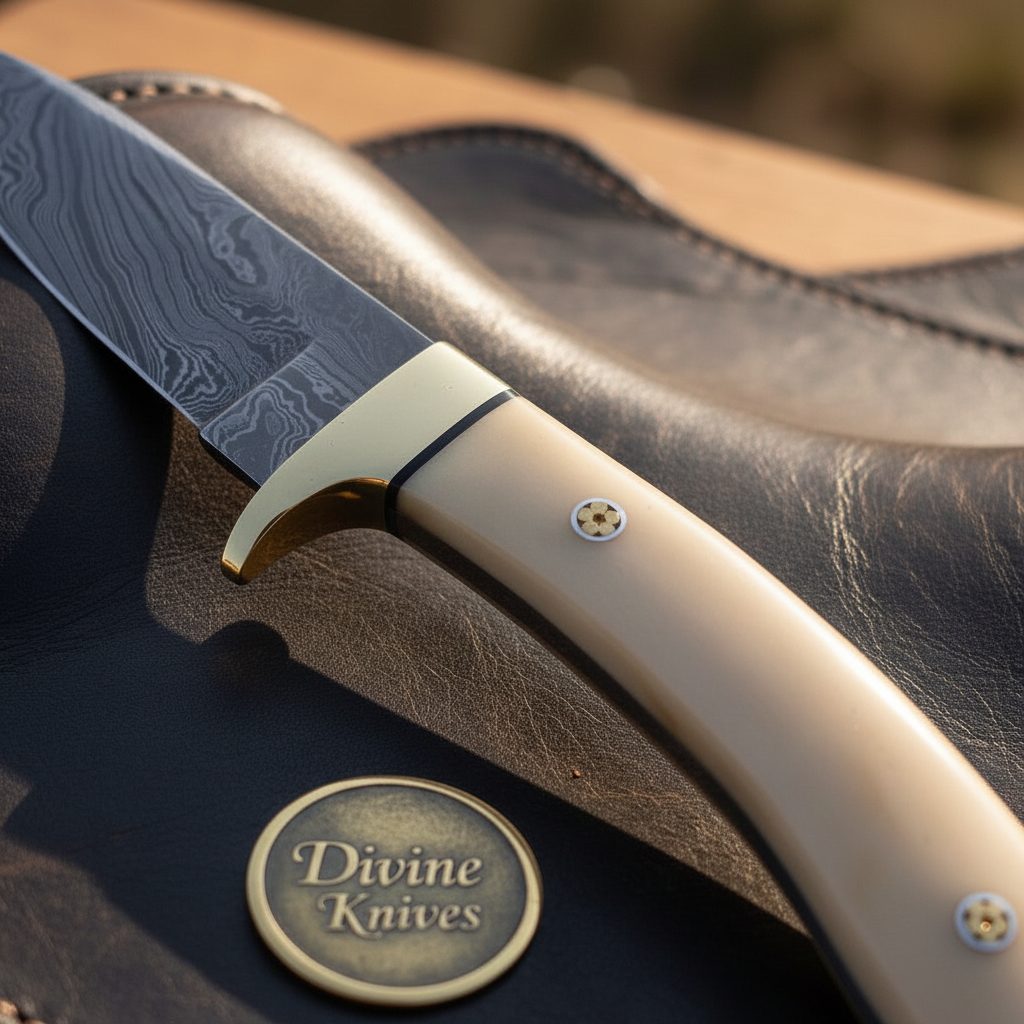 White Bone Handle Hunting Knife with Brass Bolster and Hand Forged Drop Point Blade by Divine Knives — product view 2