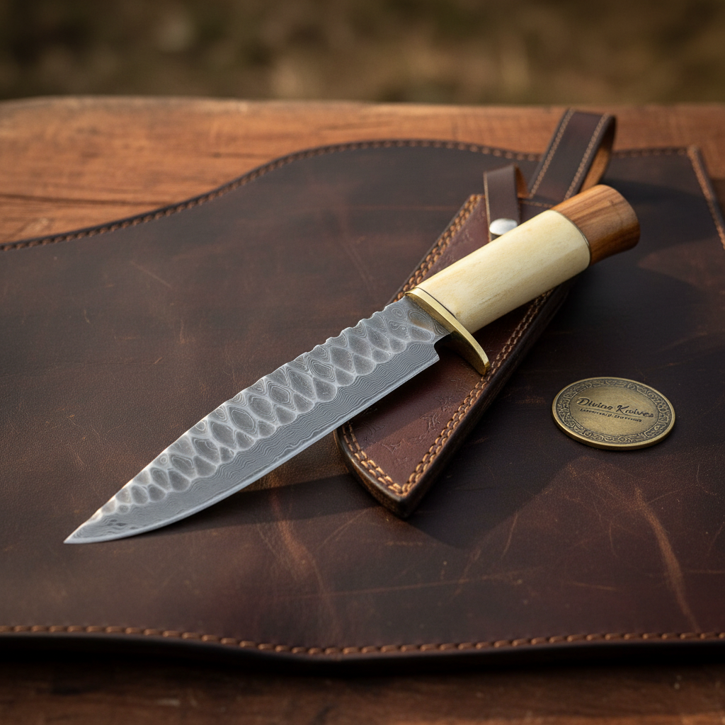 Hammered Bone Handle Camp Knife with Dimpled Forged Blade and Snap Leather Sheath by Divine Knives — product view 2