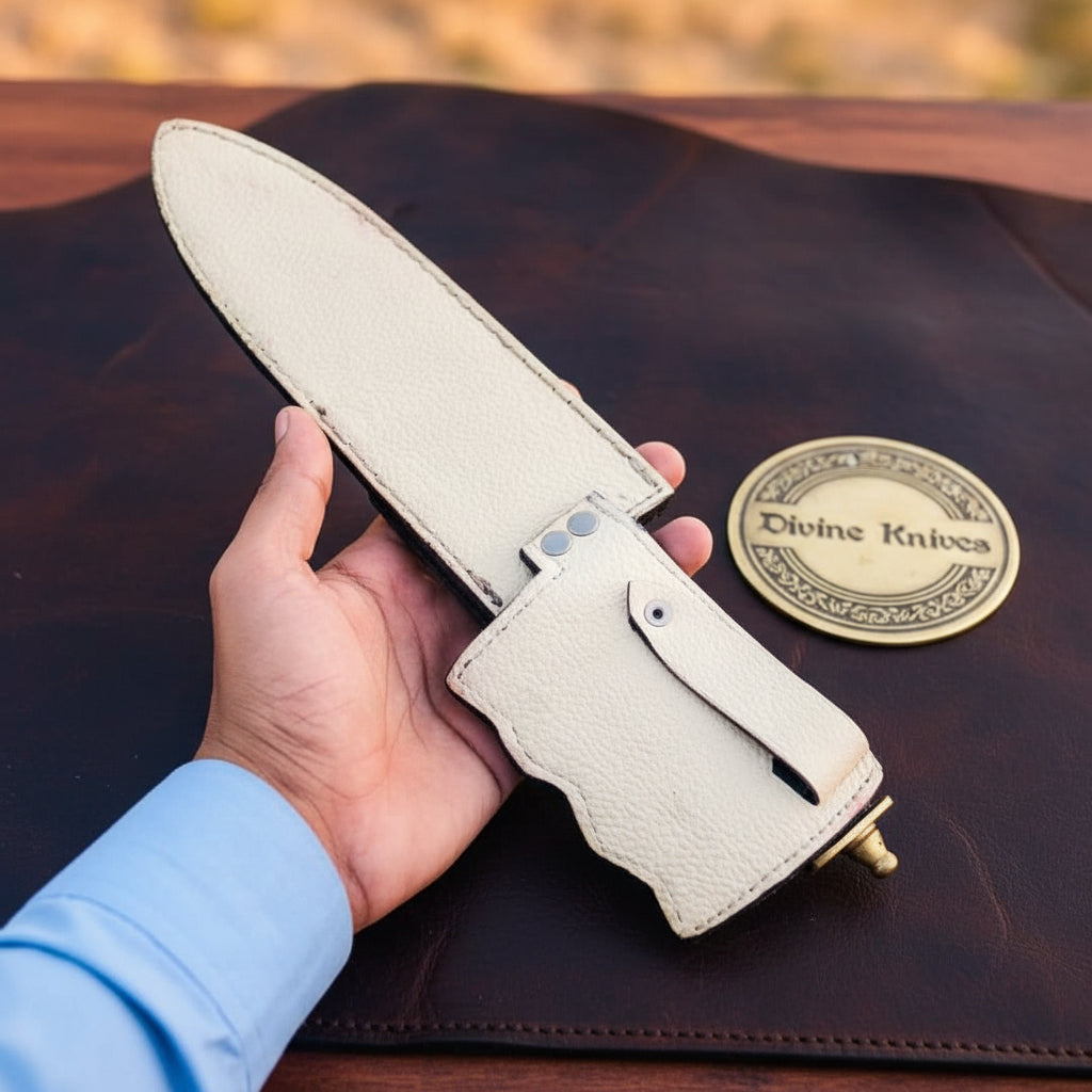 Knuckle Guard Dagger Knife with Rosewood Finger Groove Grip and Two Tone Leather Sheath by Divine Knives — product view 4