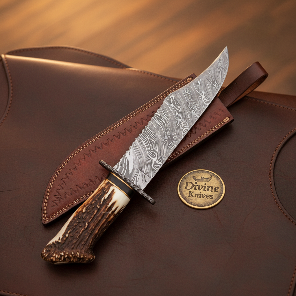 Crown Antler Bowie Knife with Hand Forged Layered Blade and Stitched Leather Sheath by Divine Knives — product view 1