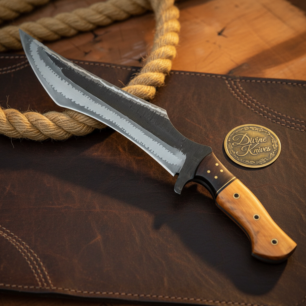San Mai Clip Point Tracker Bowie with Layered Steel Meets Bushcraft Design by Divine Knives — product view 2