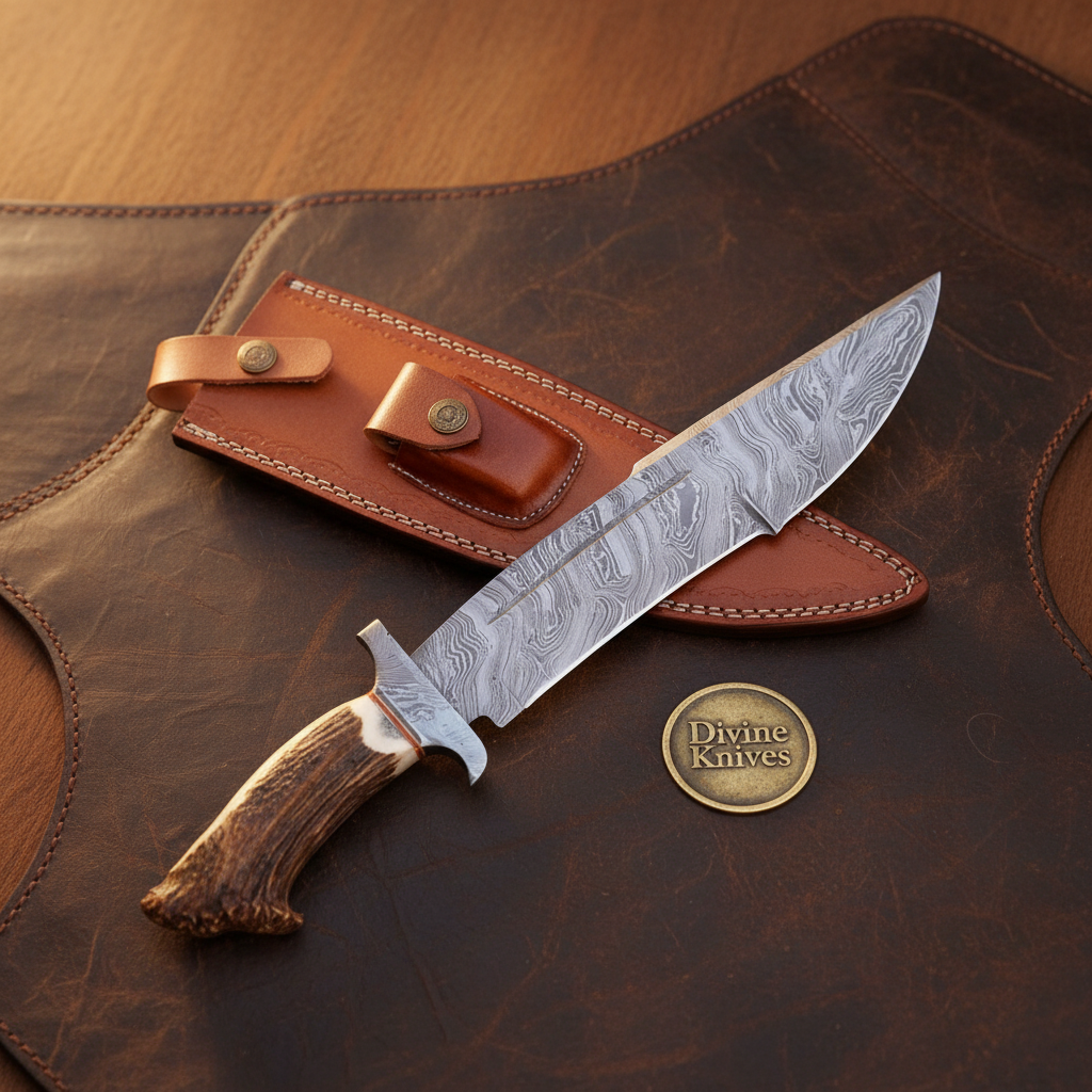 Crown Stag Damascus Bowie Rambo Knife with Natural Crown Stag Handle by Divine Knives — product view 1