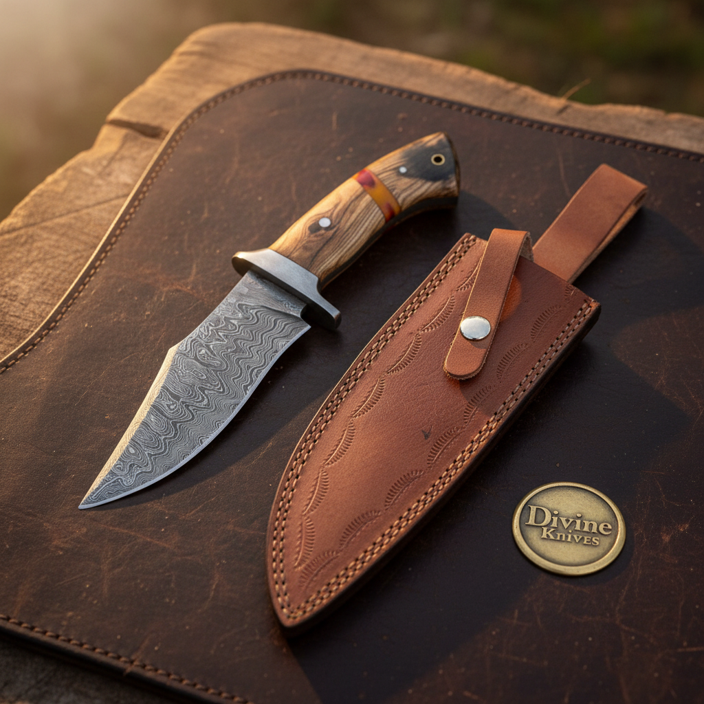 Olive Wood Damascus Clip Point Hunter with Natural Wood Handle by Divine Knives — product view 1