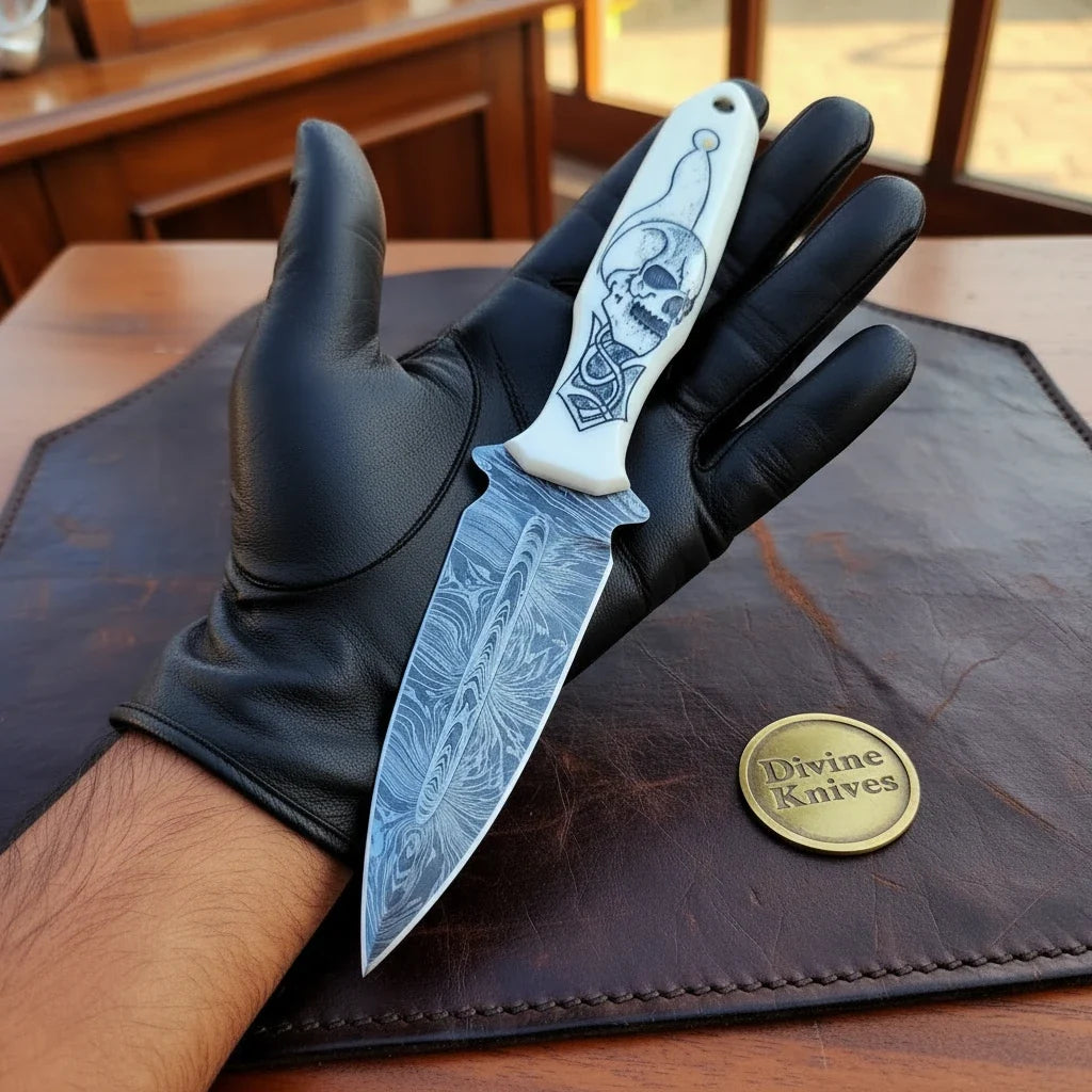 Scrimshaw Skull Double-Edged Dagger with Bone Handle by Divine Knives