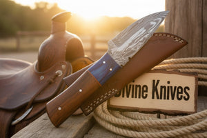 Two-Tone Blue Accent Damascus Knife with Warm Tan Wood Handle