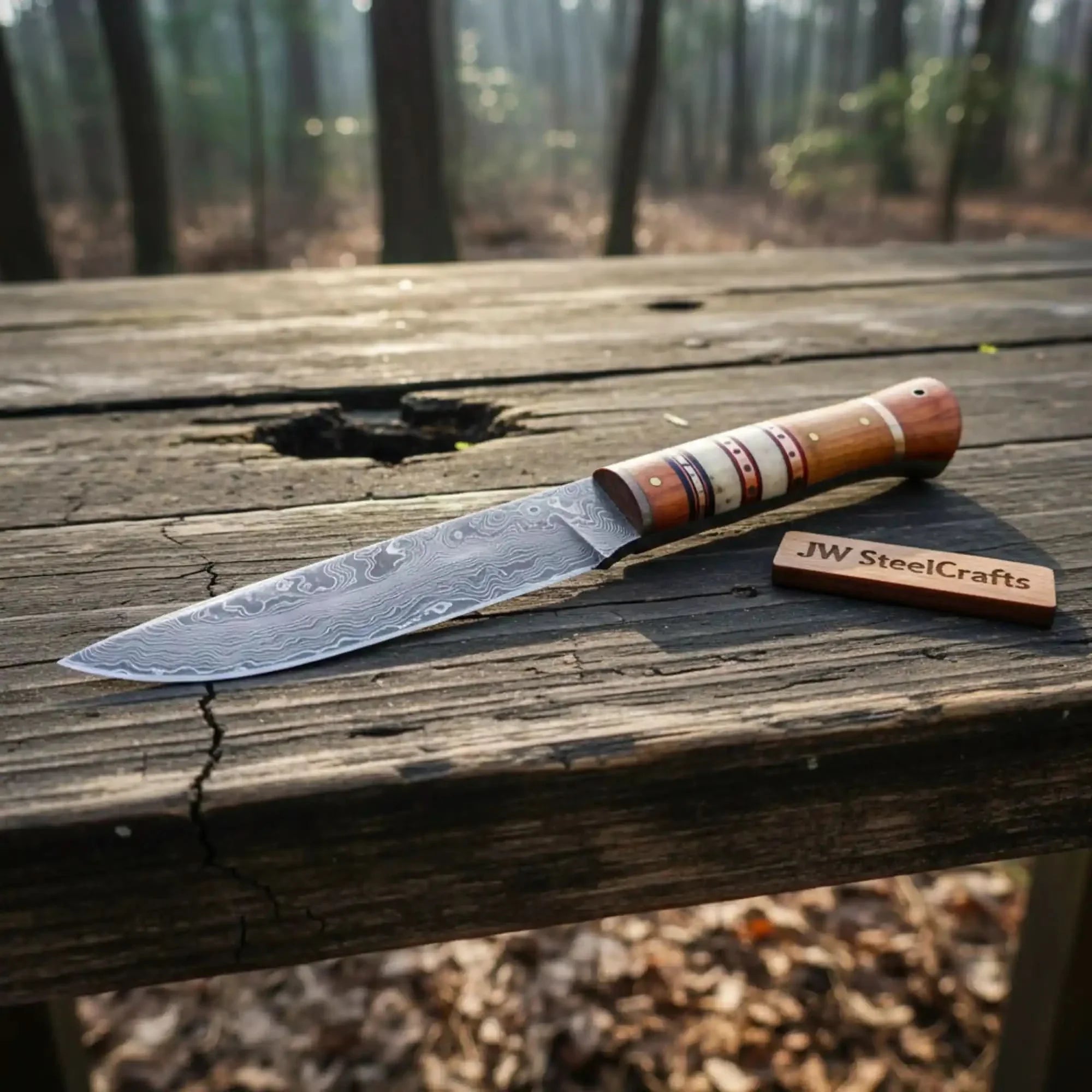 10 Inch Damascus Steel Hunting Knife with Stacked Wood Handle | JW SteelCrafts by JW SteelCrafts, Damascus knife detail photo 2