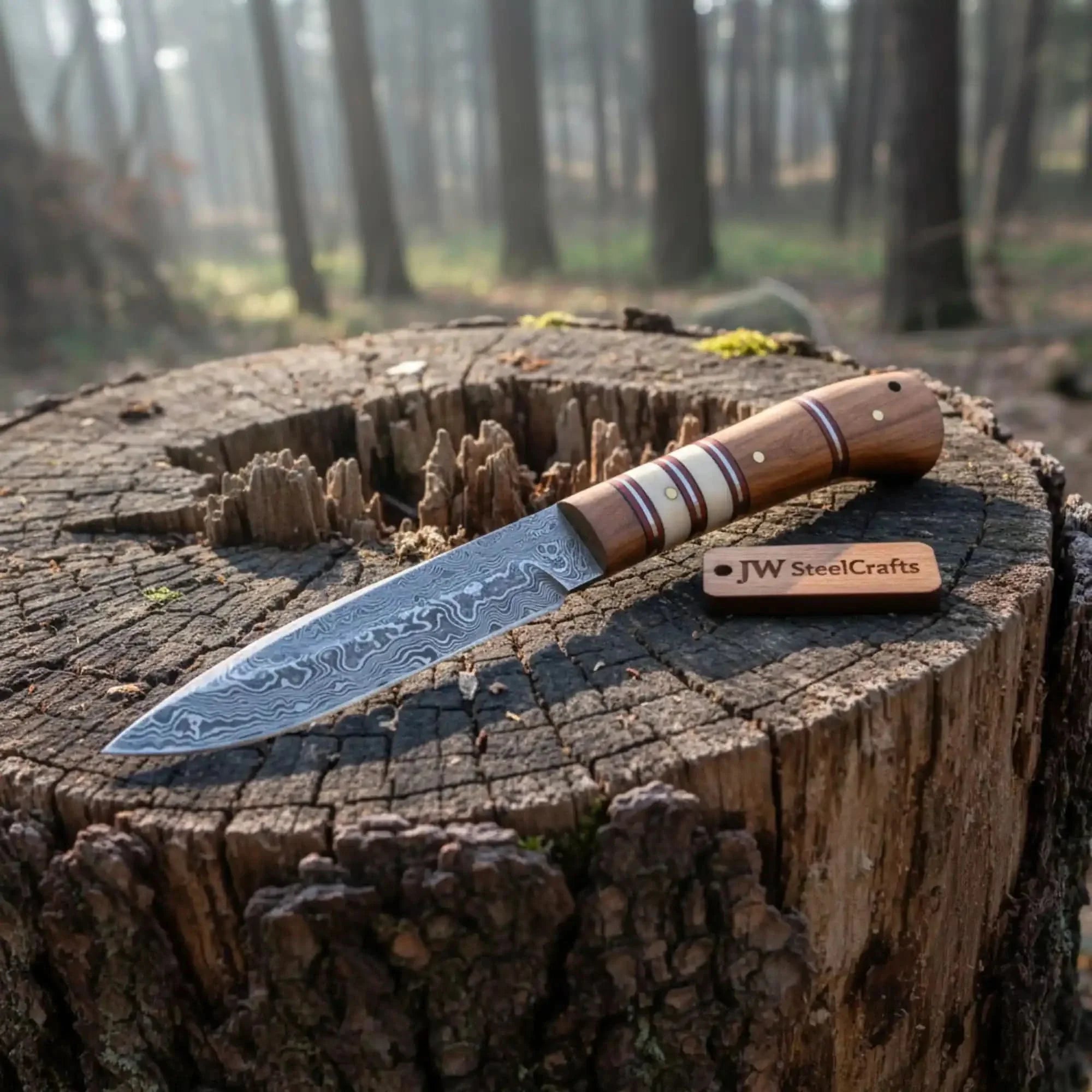 10 Inch Damascus Steel Hunting Knife with Stacked Wood Handle | JW SteelCrafts by JW SteelCrafts, Damascus knife main product photo