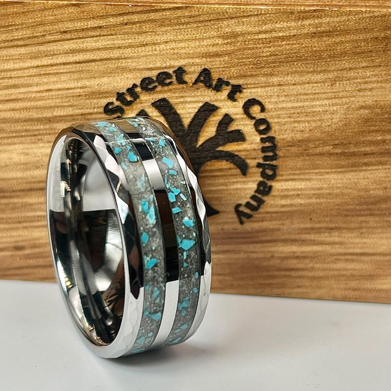 Turquoise with Ash Hammered Tungsten Memorial Ring by Cotton Street Art Company, handmade jewelry main product photo
