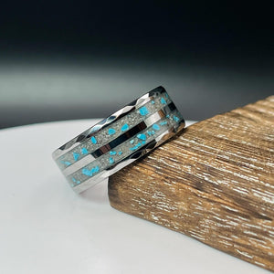 Turquoise with Ash Hammered Tungsten Memorial Ring
