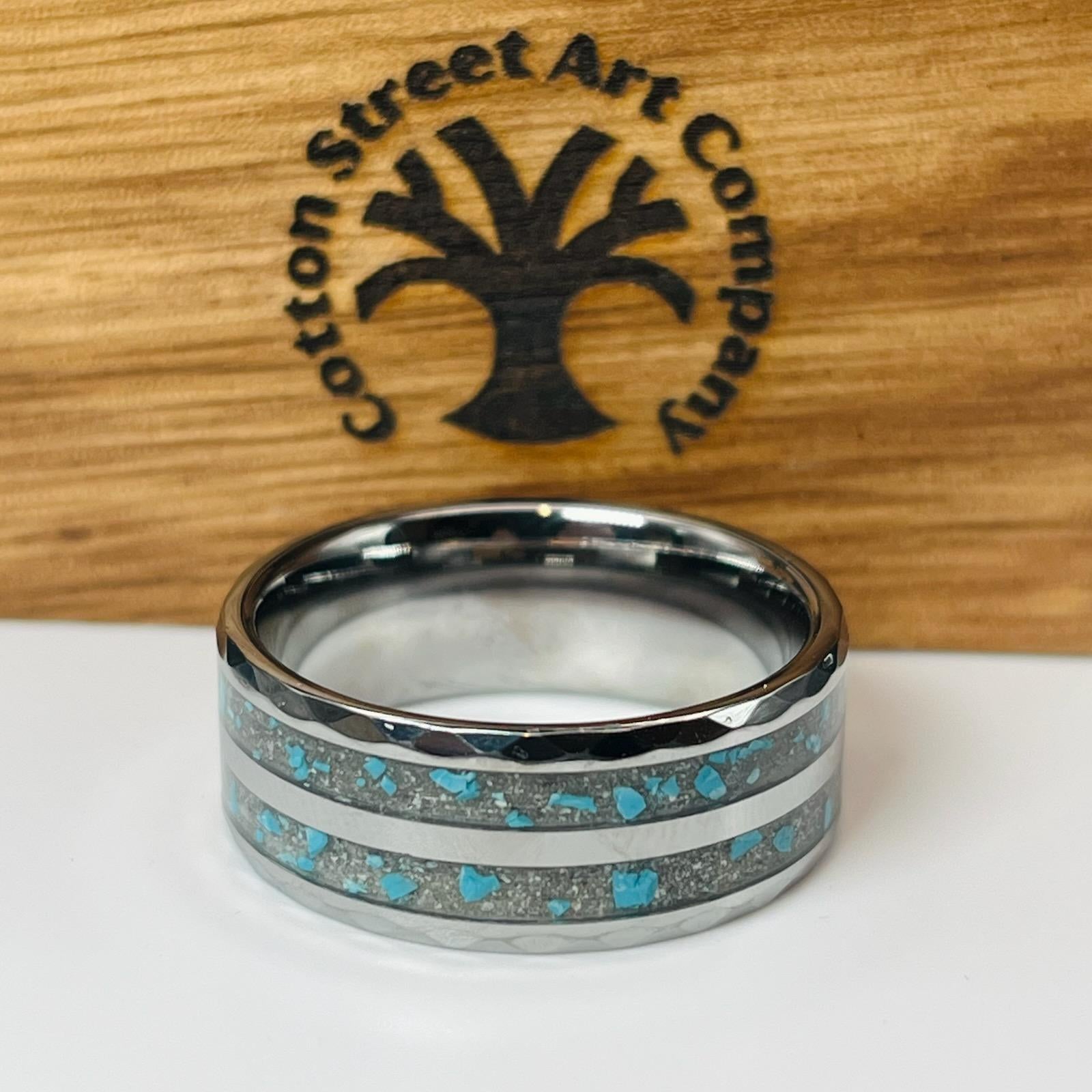 Turquoise with Ash Hammered Tungsten Memorial Ring