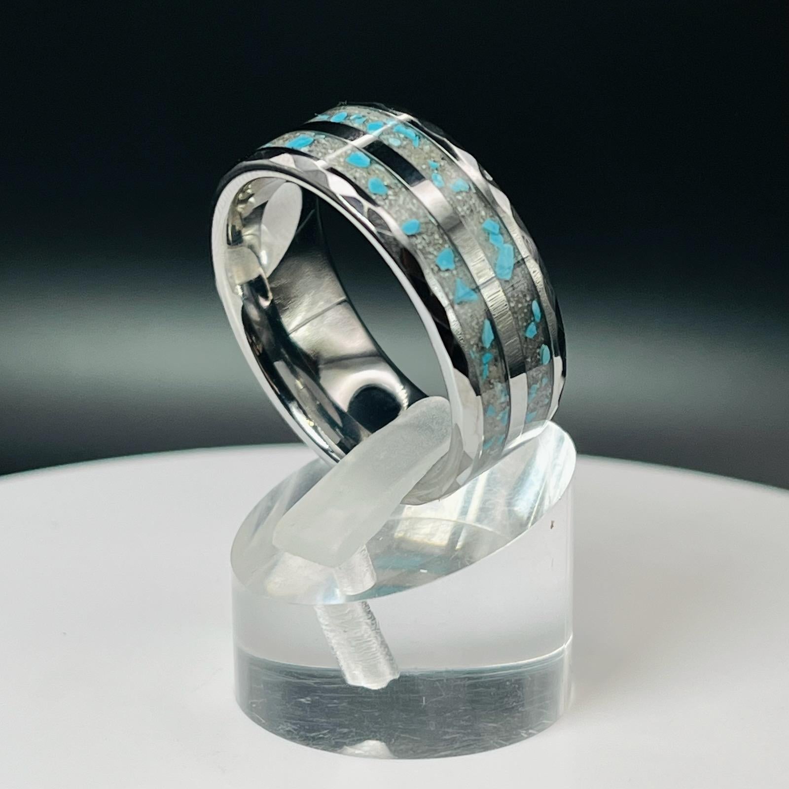 Turquoise with Ash Hammered Tungsten Memorial Ring by Cotton Street Art Company, handmade jewelry detail photo 2