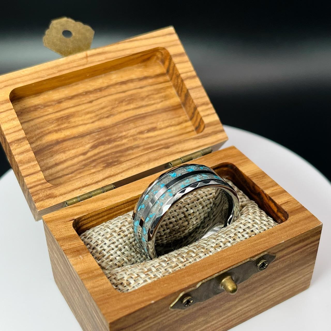 Turquoise with Ash Hammered Tungsten Memorial Ring
