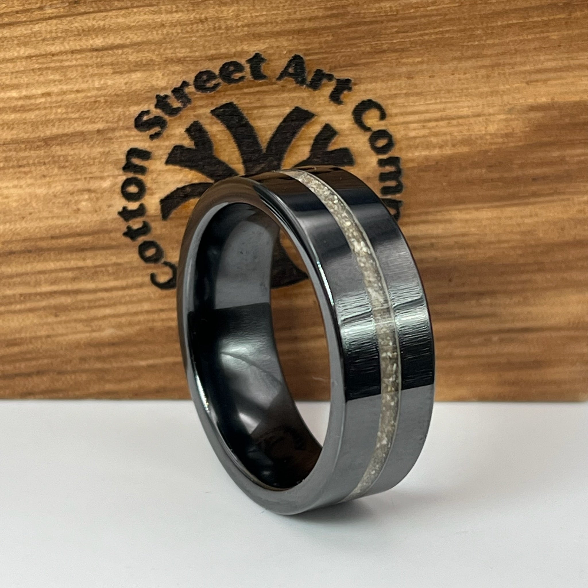 Thin Line of Love Black Ceramic Memorial Ring by Cotton Street Art Company, handmade jewelry main product photo