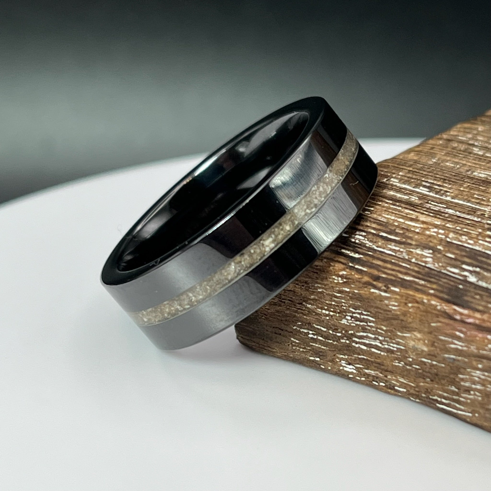 Thin Line of Love Black Ceramic Memorial Ring by Cotton Street Art Company, handmade jewelry detail photo 2