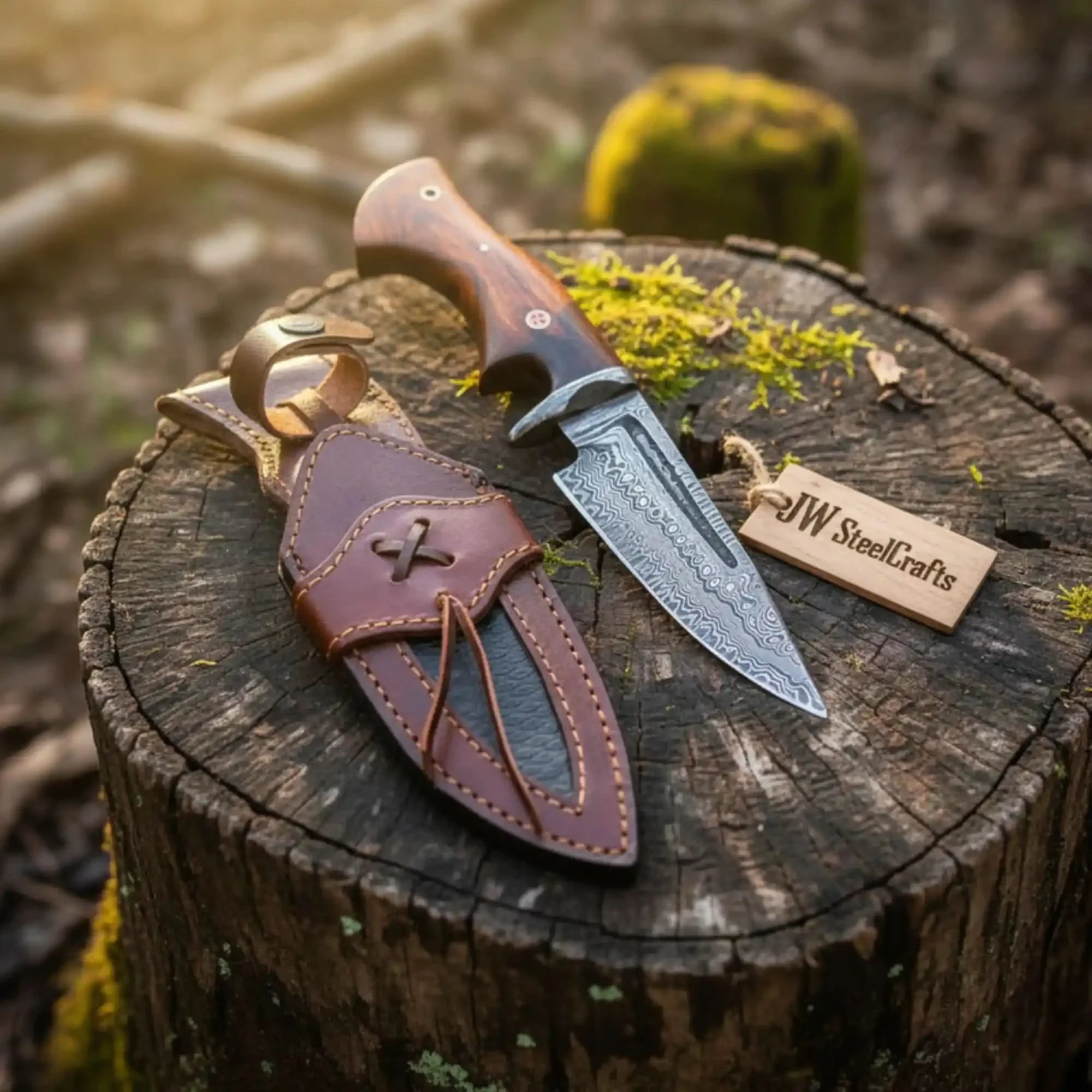 Bobcat Hunting Knife 4” Clip Point Fixed Blade Damascus Steel Guarded Design by JW SteelCrafts, Damascus knife main product photo