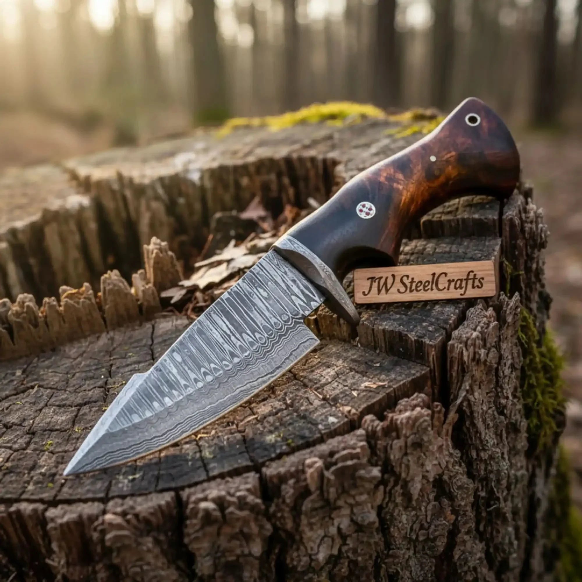 Bobcat Hunting Knife 4” Clip Point Fixed Blade Damascus Steel Guarded Design by JW SteelCrafts, Damascus knife detail photo 2