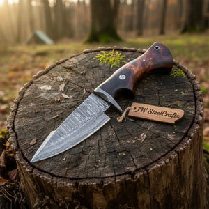 Bobcat Hunting Knife 4” Clip Point Fixed Blade Damascus Steel Guarded Design by JW SteelCrafts, Damascus knife detail photo 4