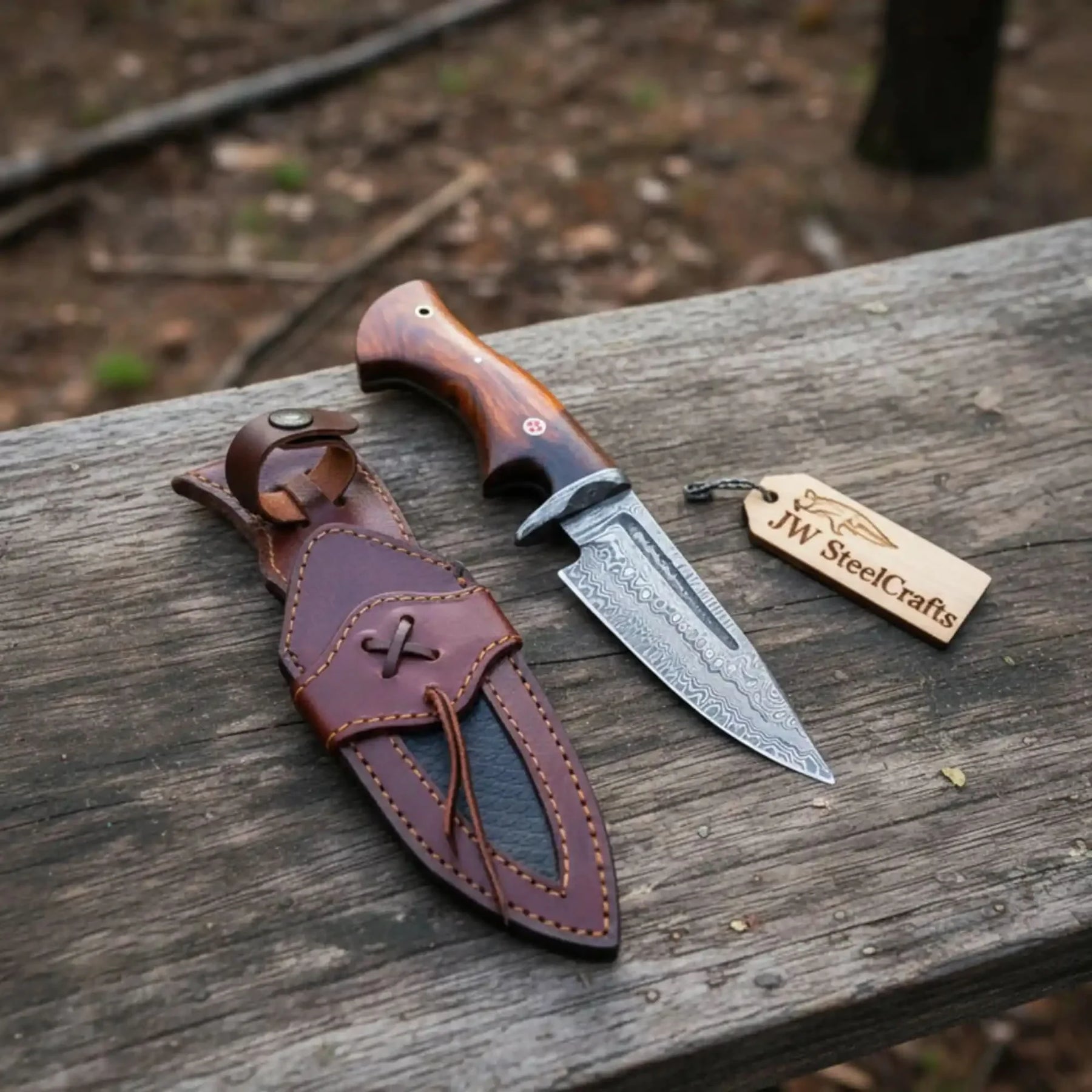 Bobcat Hunting Knife 4” Clip Point Fixed Blade Damascus Steel Guarded Design by JW SteelCrafts, Damascus knife detail photo 8