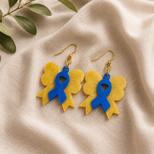 Blue Yellow Ribbon Bow Earrings, Down Syndrome Awareness Jewelry by Poor Hog Customs, handmade jewelry main product photo