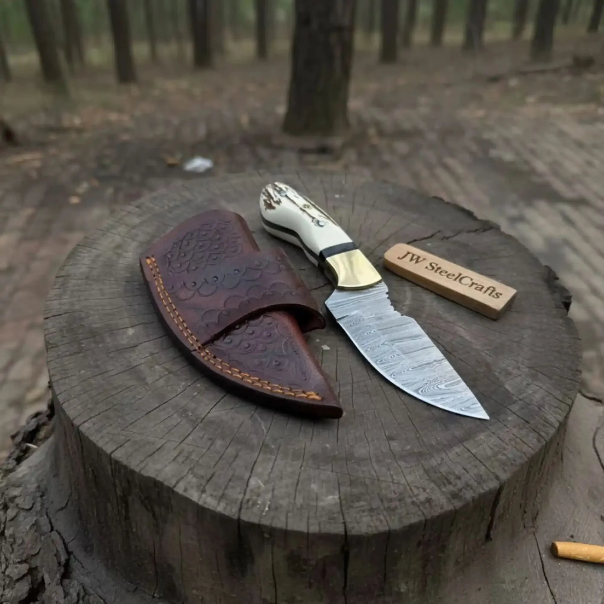 Handmade Damascus Drop Point Skinner Knife with Synthetic Stag Handle by JW SteelCrafts, Damascus knife main product photo