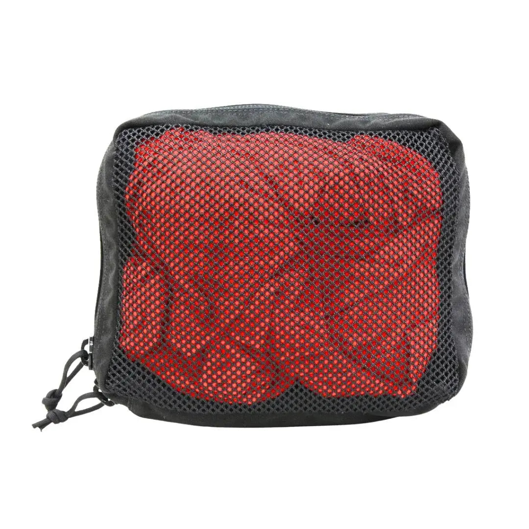 Black mesh storage pouch with red interior, drawstring closure