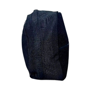 Black mesh pouch with reinforced zipper and hook backing