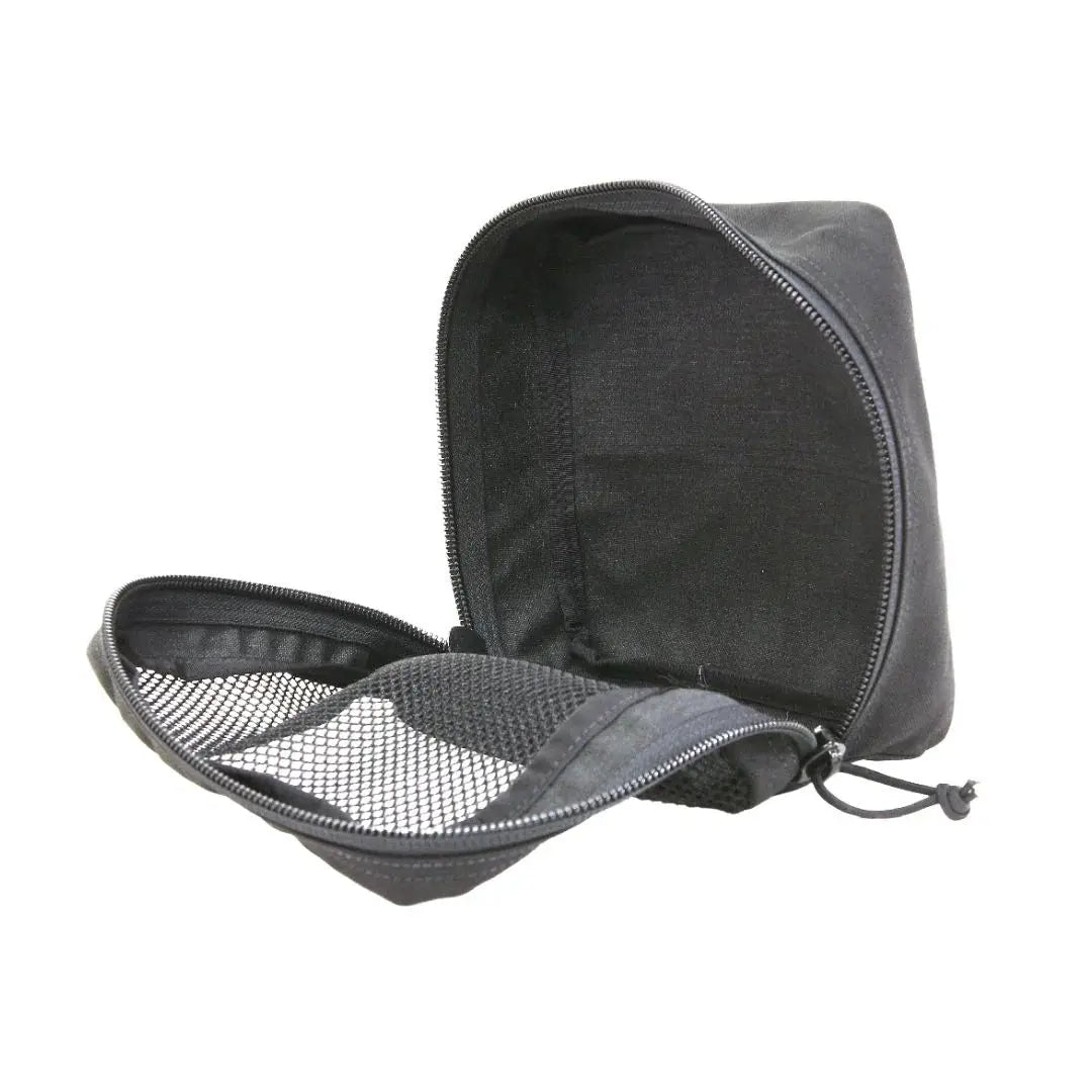 Black mesh storage pouch with an open zipper showing interior mesh pockets.