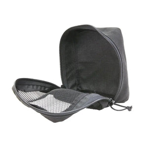 Black mesh storage pouch with an open zipper showing interior mesh pockets.