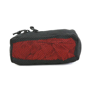 Small black mesh pouch with red interior and zipper