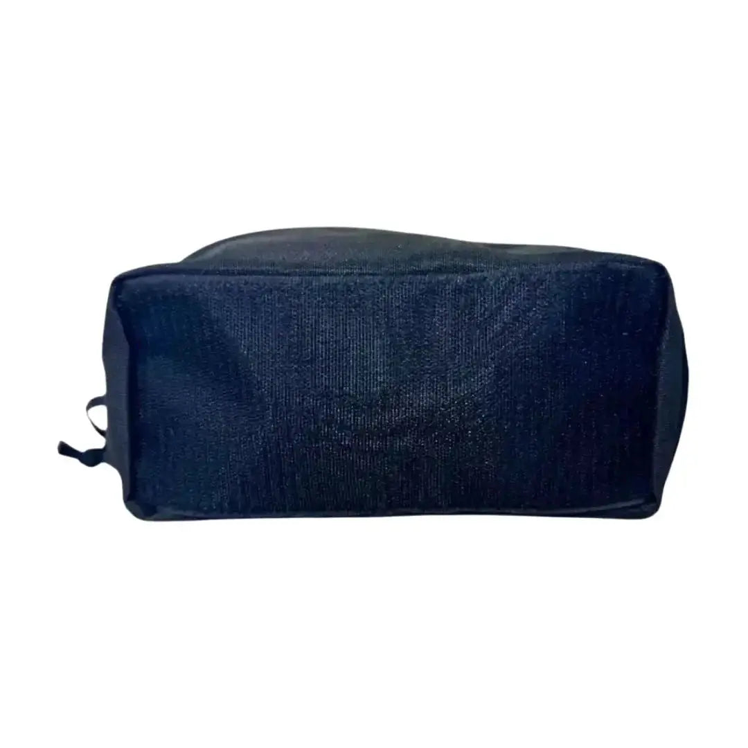 Black mesh pouch with zipper closure seen from the bottom.