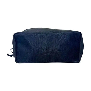 Black mesh pouch with zipper closure seen from the bottom.